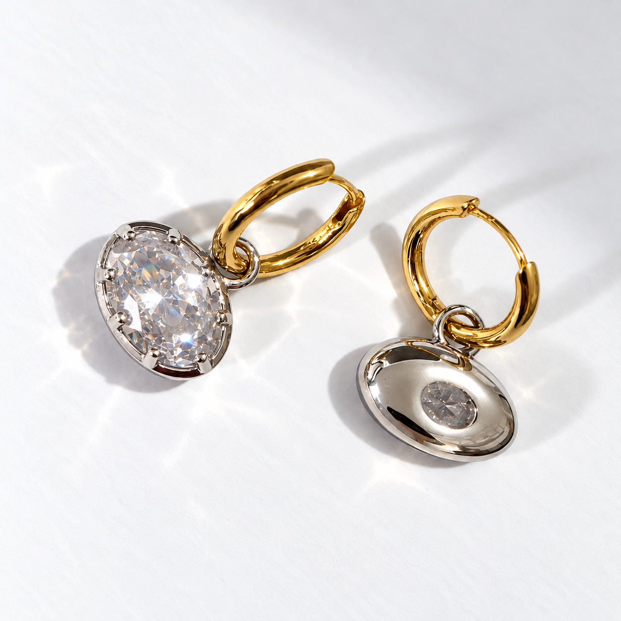 Hailey East West Oval Hoop Earrings with Slim Gold Hoops and Silver Oval Gemstone Settings | Valentina-Rose Jewellery