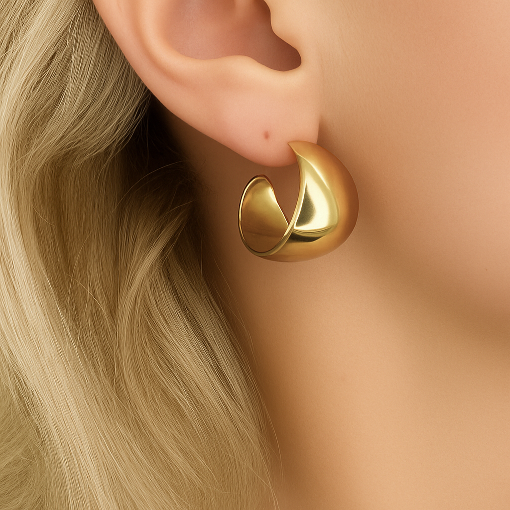 wide 18k gold plated hoops with smooth polished finish, Wide gold hoop earrings, stainless steel with high-shine polished surface, Medium-sized polished gold hoop earrings, modern and timeless design, 18k gold plated hoop earrings, wide and perfect for everyday or evening wear, Smooth polished gold hoop earrings made from stainless steel, Solara style