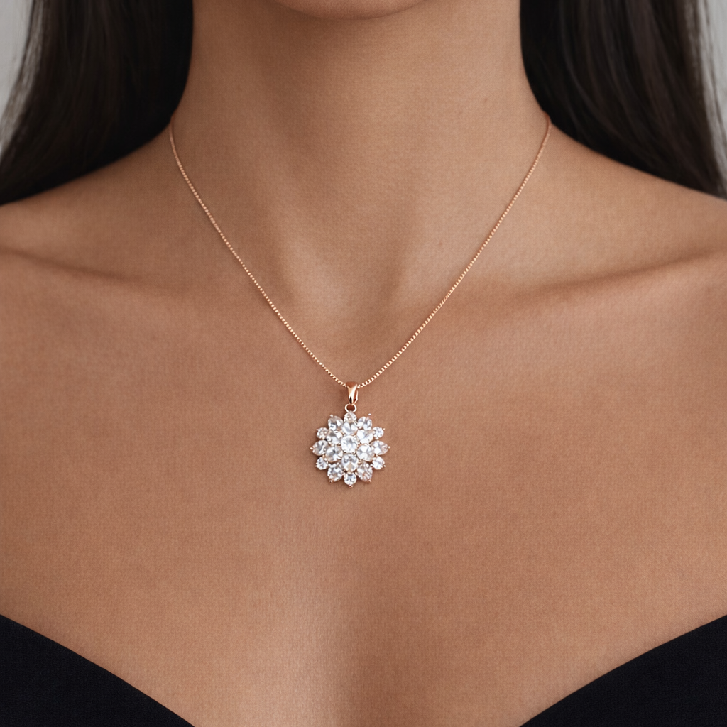 Rose gold necklace with a marquise cluster pendant on a model