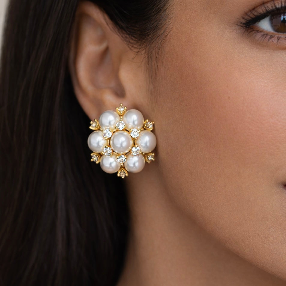 Model wearing gold pearl cluster earrings with sparkling AAA cubic zirconia – Valentina-Rose