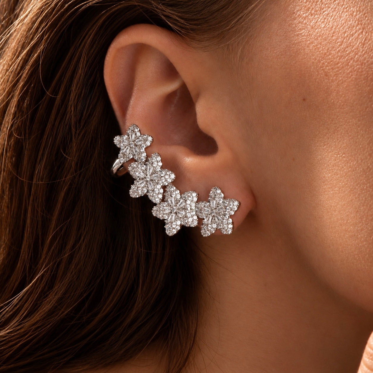 Model wearing Fleur De Paris Silver Ear Climber Earrings | Valentina-Rose Jewellery