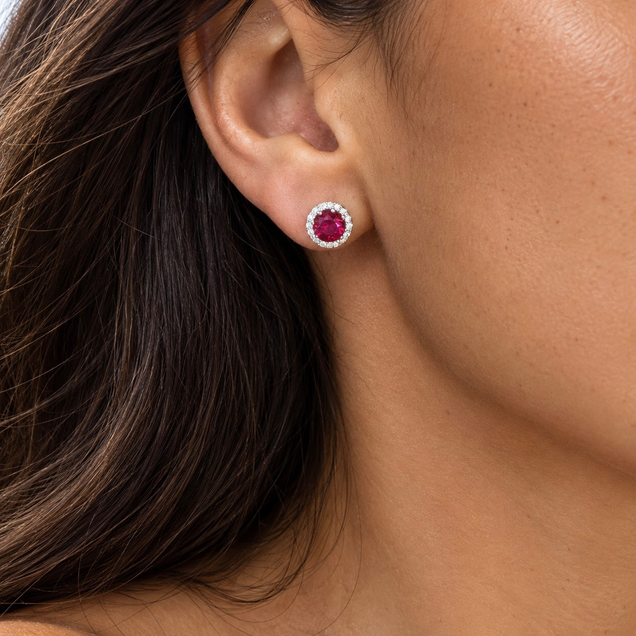 Ruby Round Sparkles Halo Stud Earrings | Sterling Silver