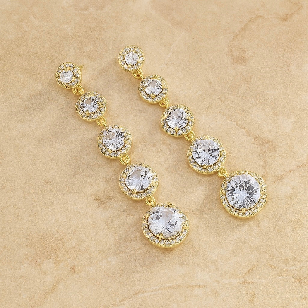 Zara gold drop earrings with simulated diamonds and pavé halo, elegant 18k gold-plated brass, luxury gift-ready packaging, perfect for weddings, parties, or special occasions.