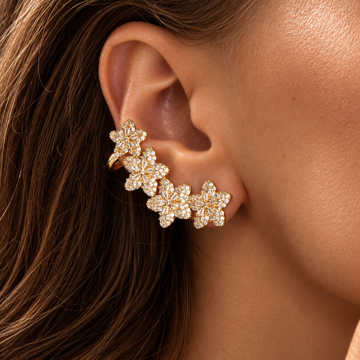 Model wearing Fleur De Paris Gold Ear Climber Earrings | Valentina-Rose Jewellery