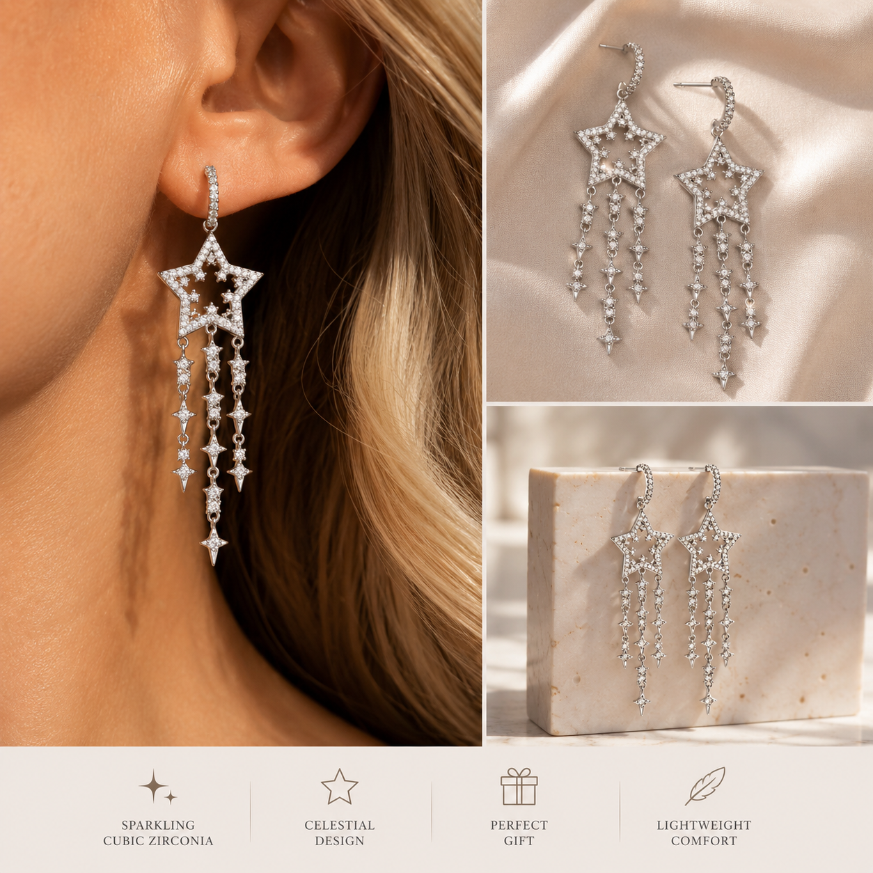 Star-shaped earrings worn by a person with close-up details on a neutral background