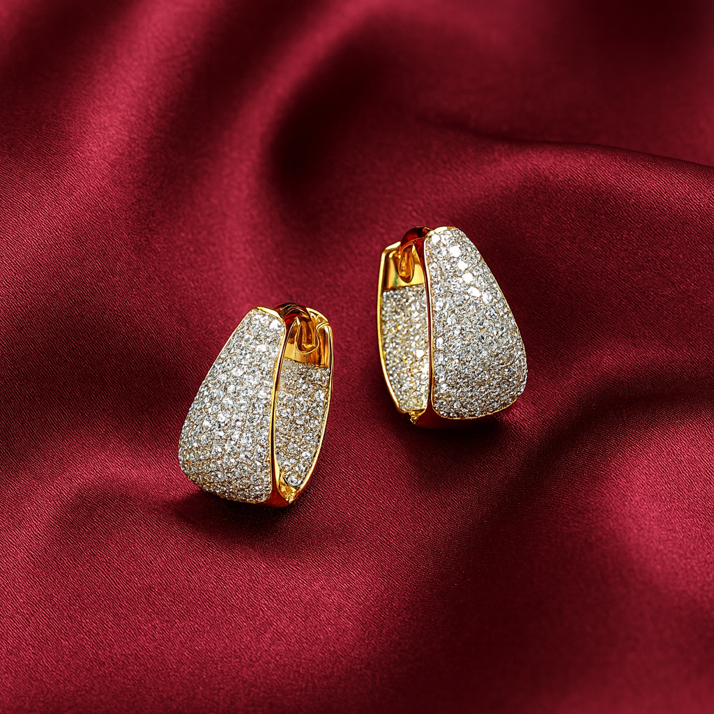 Gold huggie hoop and diamond earrings on a red satin background