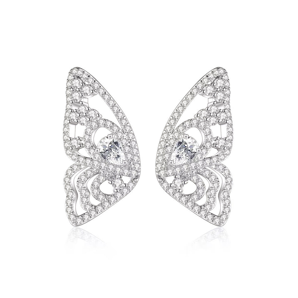 Butterfly-shaped pave earrings on a white background