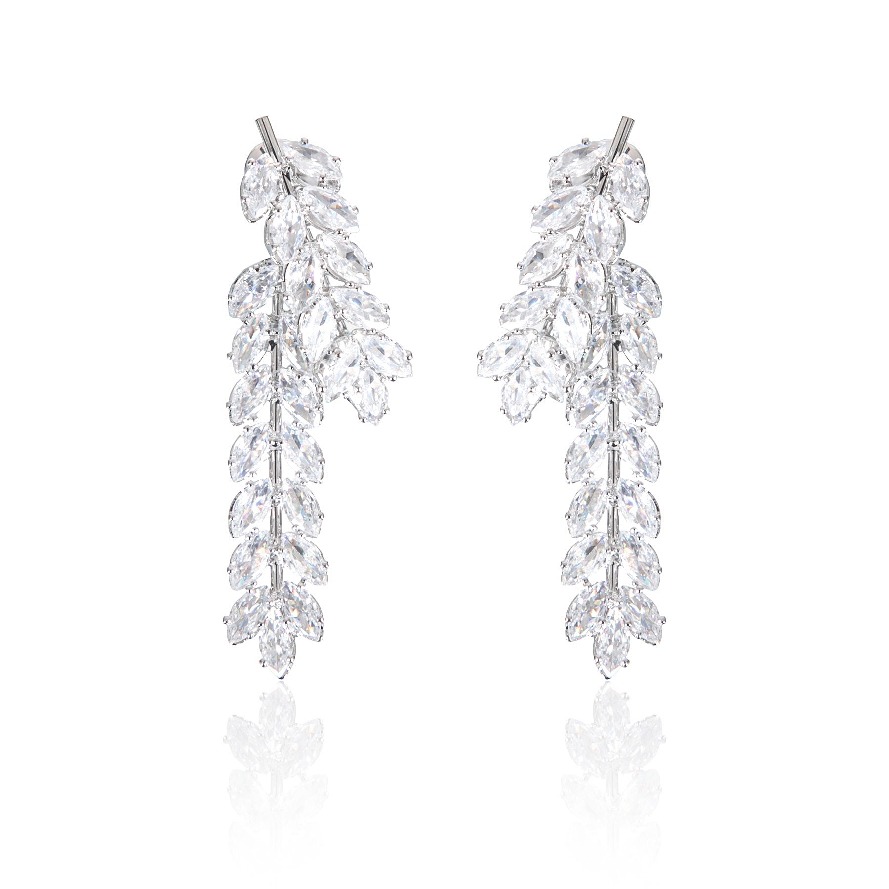 Feathered Leaf Front To Back Drop Earrings | Silver