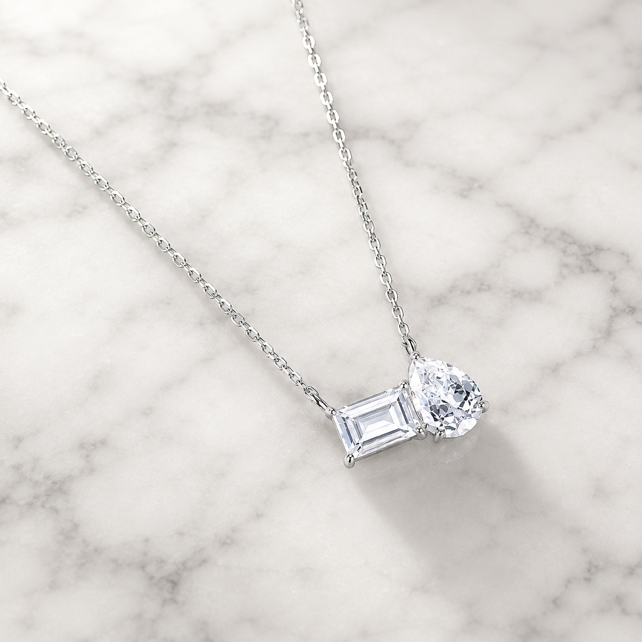 Pear & Emerald Cut Toi et Moi Necklace | Silver