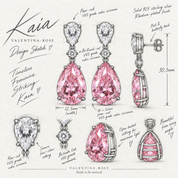 Kaia rose-pink pear drop earrings design sketch with VVS cubic zirconia and 925 sterling silver by Valentina-Rose