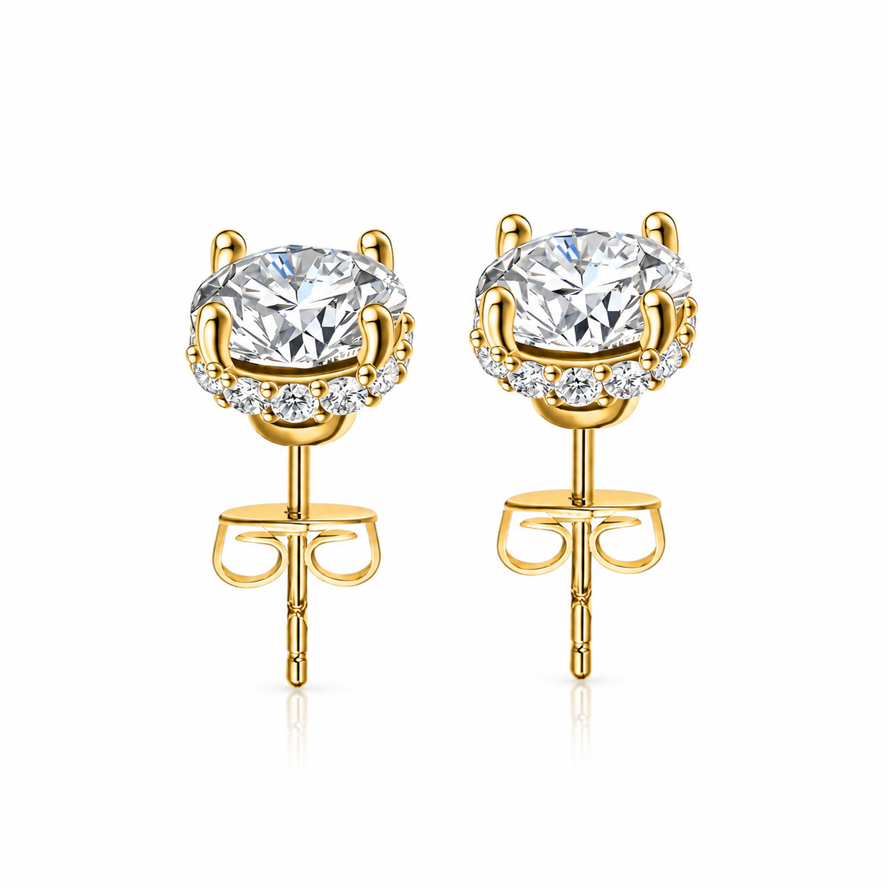 Valentina-Rose Secret Halo Stud Earrings Gold with brilliant round-cut 5A cubic zirconia