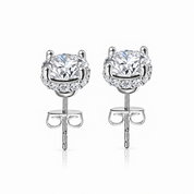 Secret Halo silver stud earrings with round-cut 5A cubic zirconia, delicate hidden halo and four-prong 925 sterling silver setting 