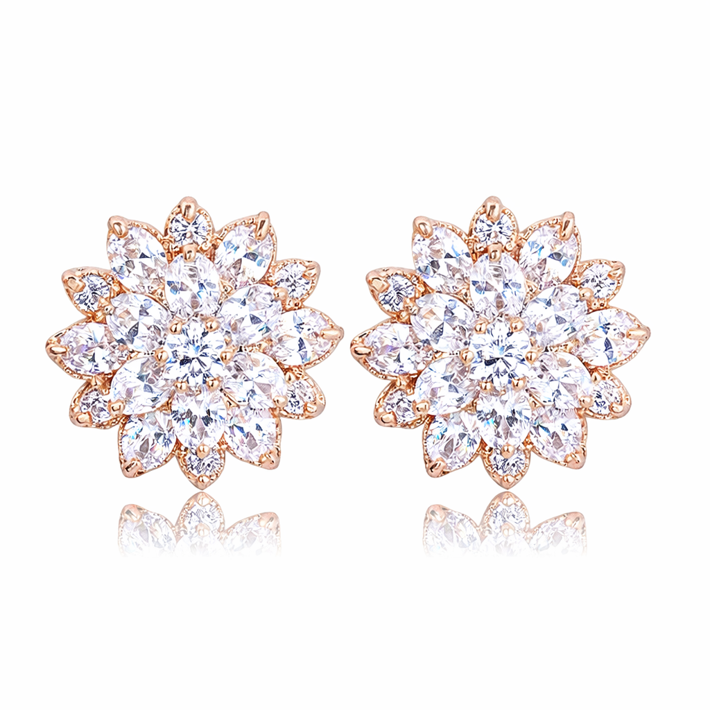 Pair of rose gold and clear crystal flower-shaped earrings on a white background