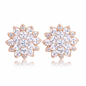 Pair of rose gold and clear crystal flower-shaped earrings on a white background