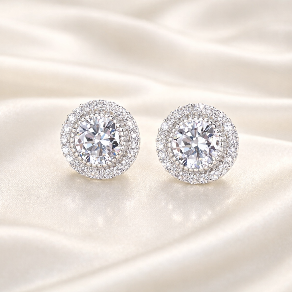 Pair of silver halo earrings with clear gemstones on a satin background