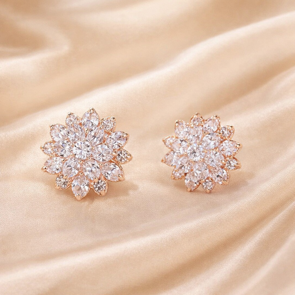Rose gold earrings with clear gemstones on a beige satin background