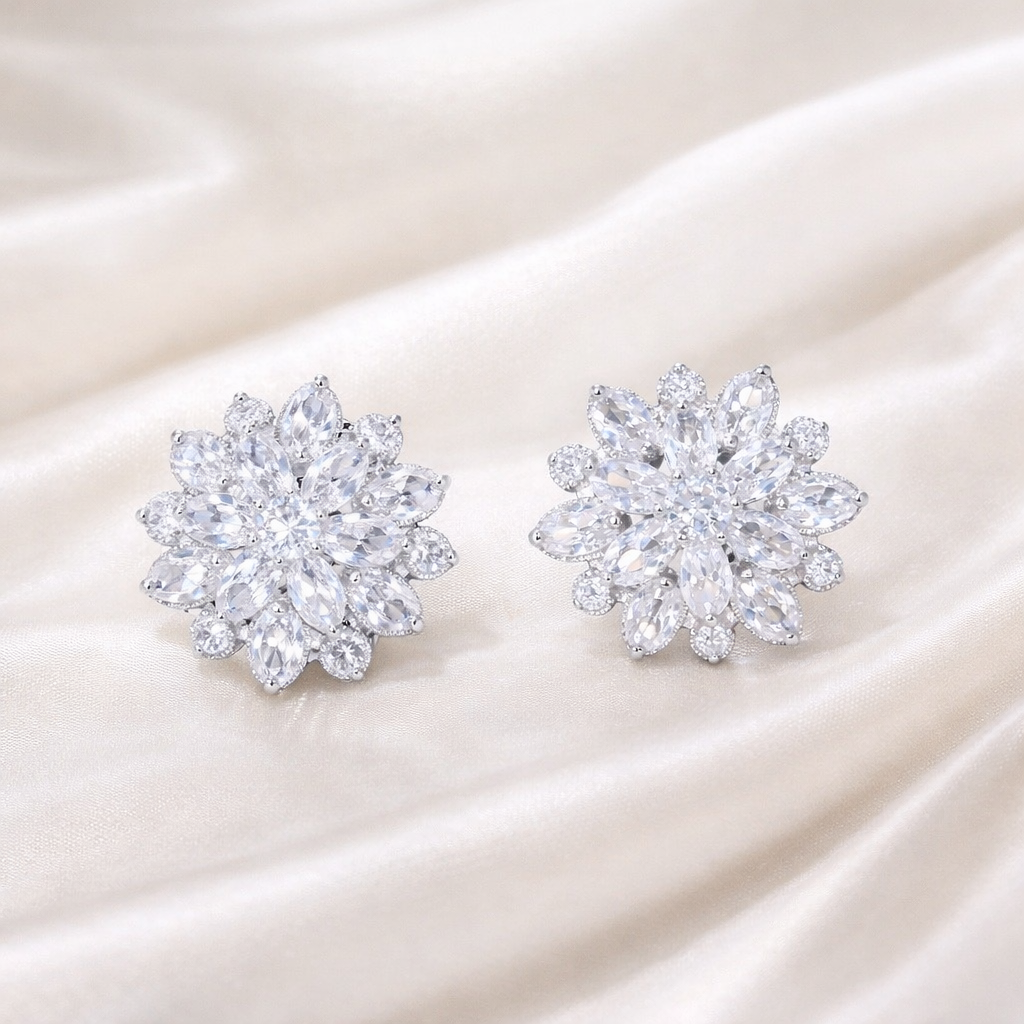 Pair of silver flower-shaped cluster earrings on a white background