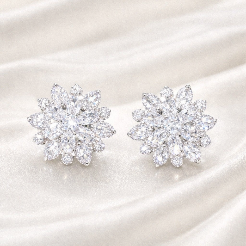 Pair of silver flower-shaped cluster earrings on a white background