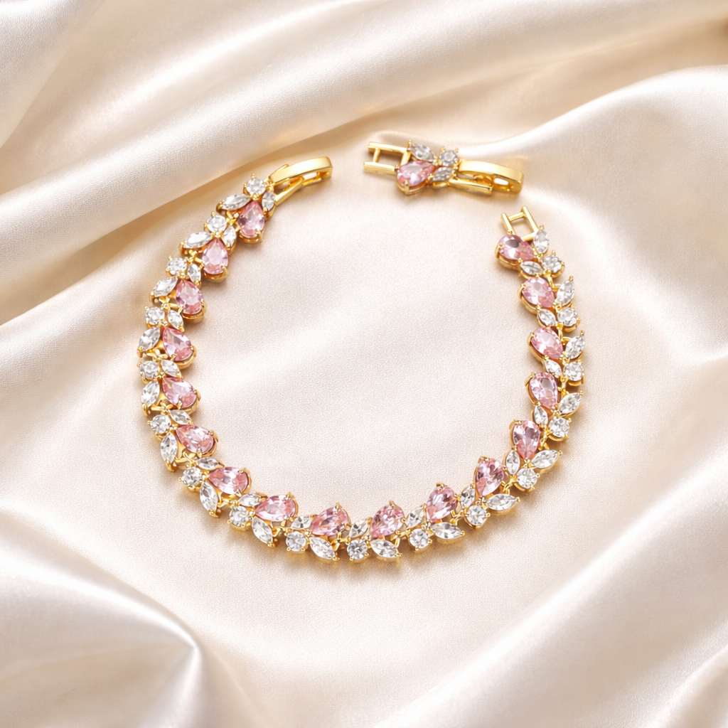 Rose Petal Crystal Tennis Bracelet | Gold | Blush Pink
