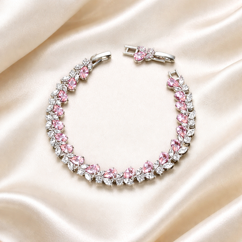 Rose Petal Crystal Tennis Bracelet | Silver | Blush Pink