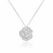 Silver rose-shaped pendant necklace on a white background
