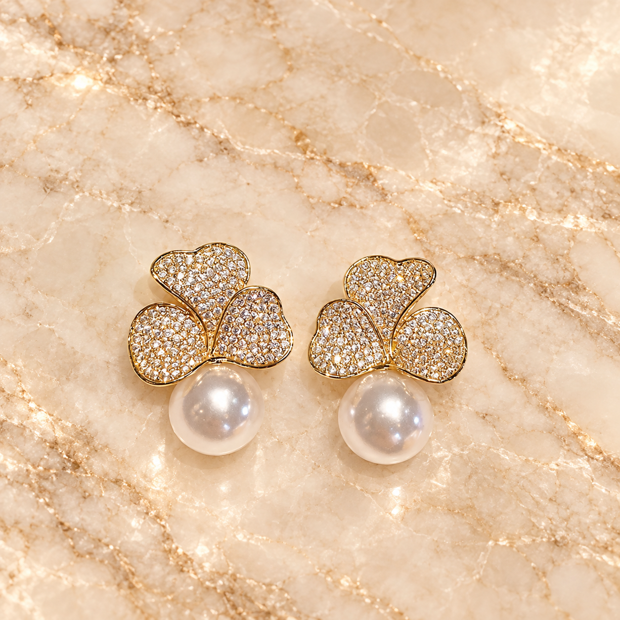Frosted Petal Pearl Earrings | Gold