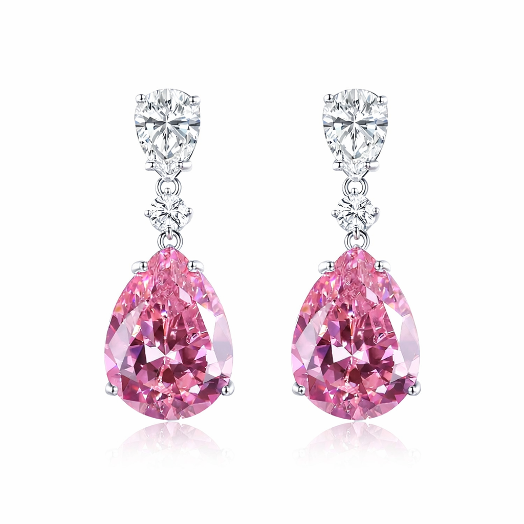 Rose pink teardrop earrings in 925 sterling silver with pear cut cubic zirconia, elegant statement drop earrings
