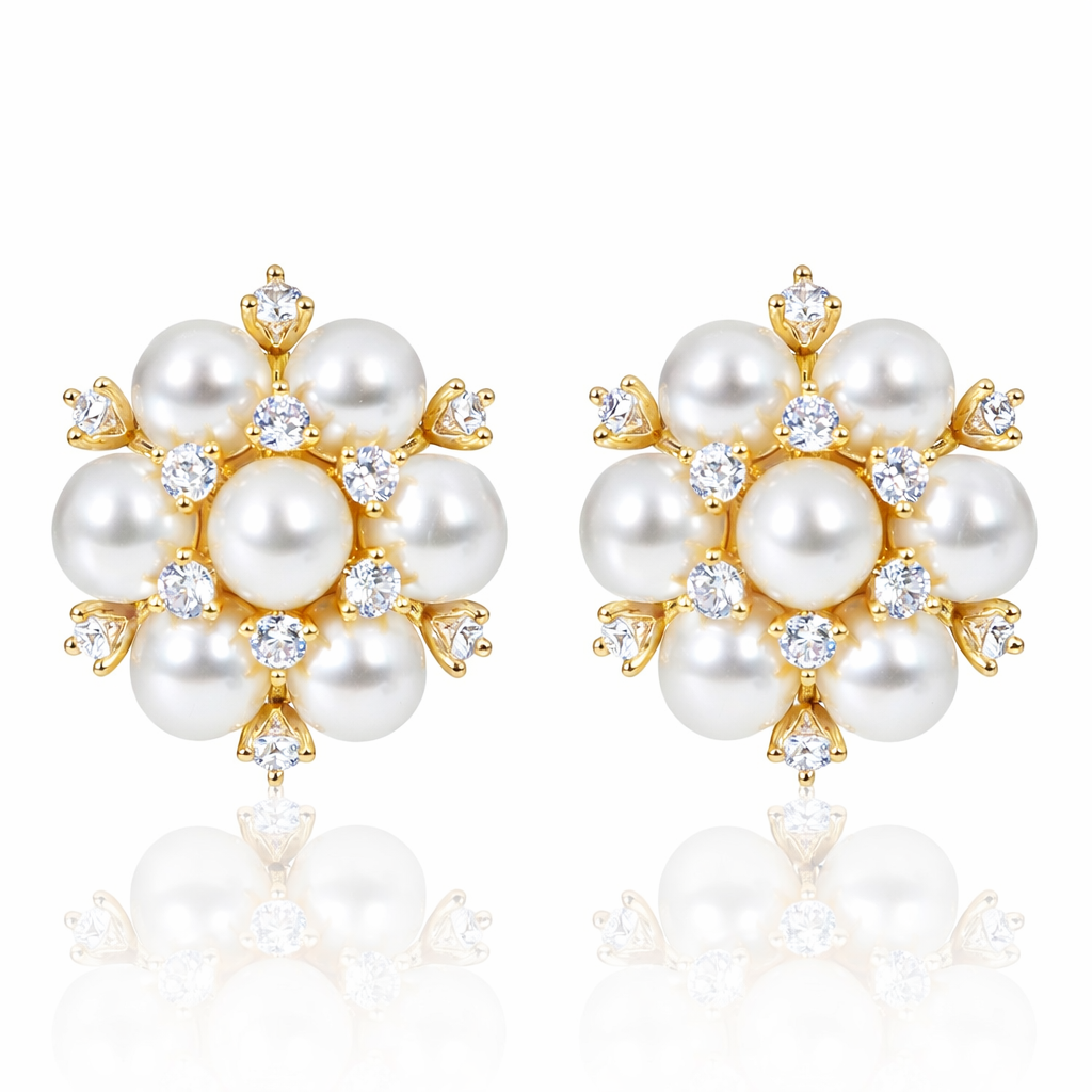 Sunlight Cluster Earrings in gold with white pearls and cubic zirconia – Valentina-Rose UK