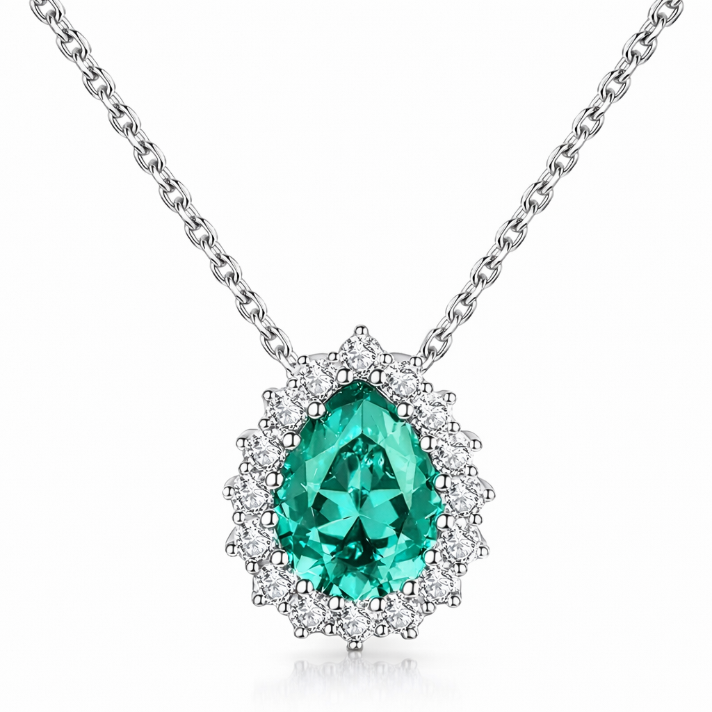 Pear Cut Sparkles Halo Pendant Necklace | Emerald | Sterling Silver