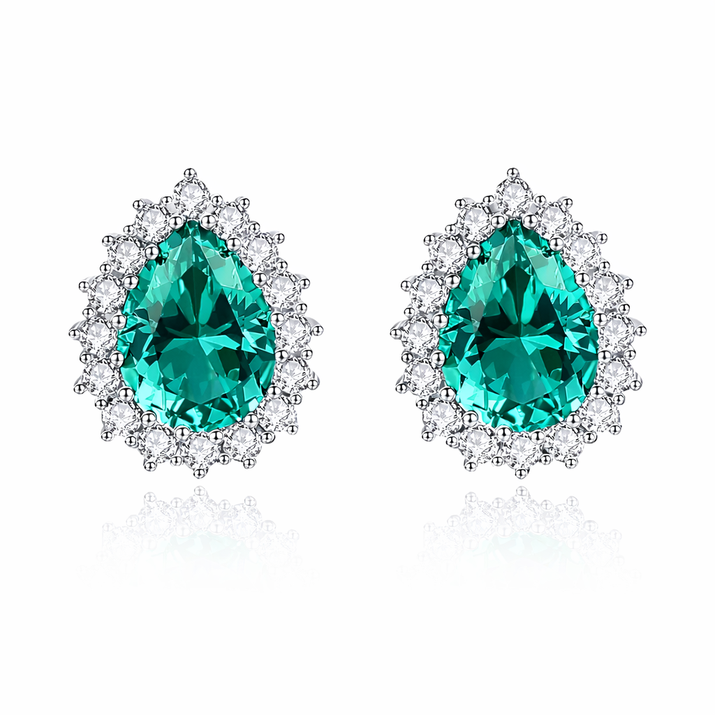Pear Cut Sparkles Halo Stud Earrings | Emerald | Sterling Silver