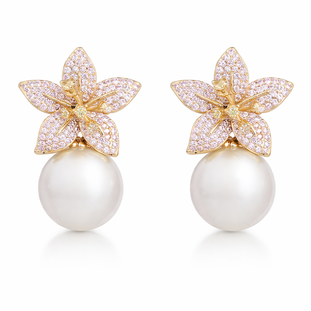 Lily Stargazer Pearl Dangle Drop Earrings | Baby Pink | Gold