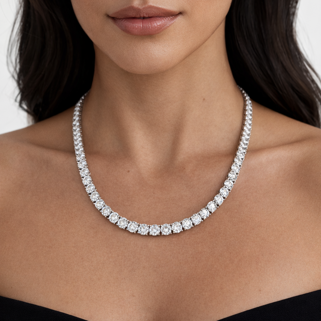 Tennis necklace on a model against a neutral background