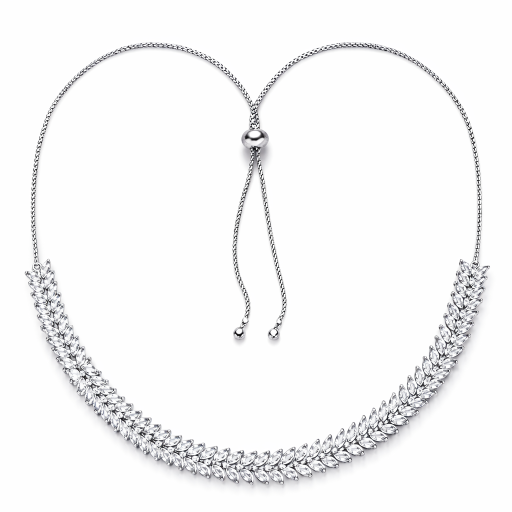Silver tennis necklace with marquise cut  stones on a white background