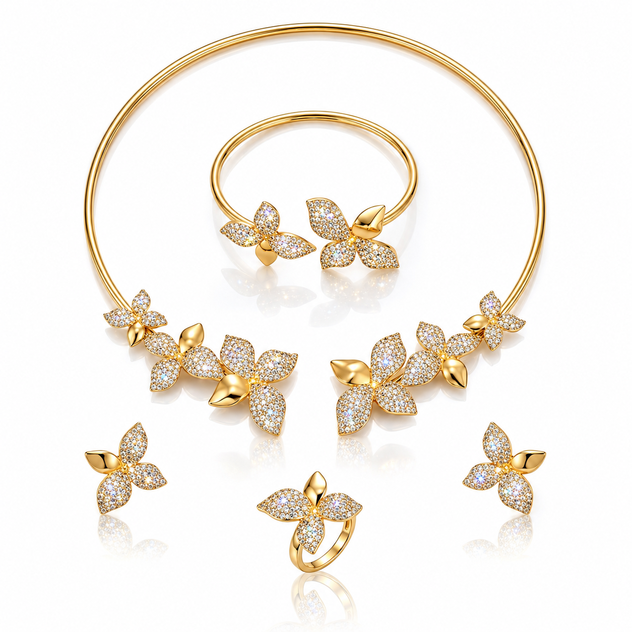 Gold floral four-piece jewellery set with pavé cubic zirconia necklace, bracelet, statement earrings and matching ring – Valentina-Rose