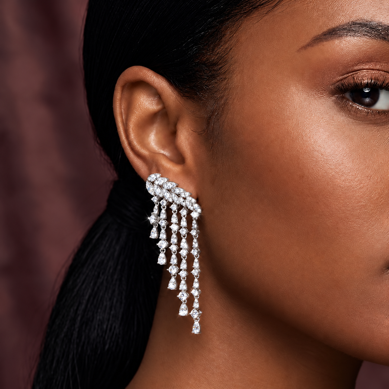 Model wearing Lumi Graduating Cascading Earrings in Silver | Valentina-Rose Jewellery