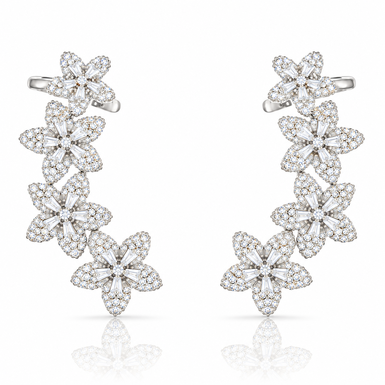 Silver Floral Ear Climber Earrings with Sparkling Cubic Zirconia | Valentina-Rose Jewellery