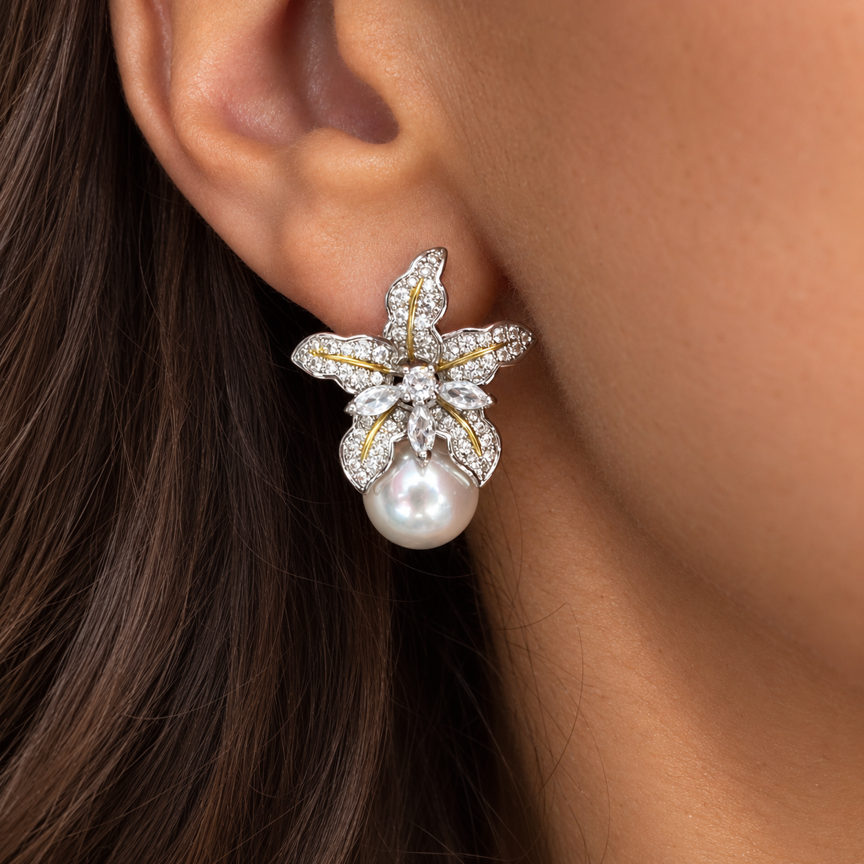 Model wearing Wild Iris Silver Flower Pearl Earrings | Valentina-Rose Jewellery