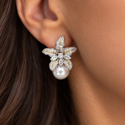 Model wearing Wild Iris Silver Flower Pearl Earrings | Valentina-Rose Jewellery