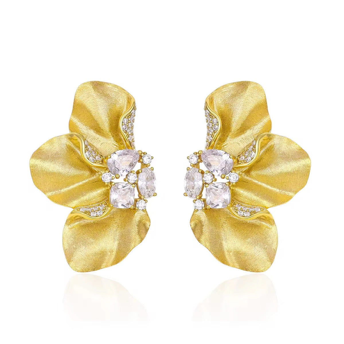 Gold petal statement earrings with pavé-set crystals and sculptural floral design – Valentina-Rose
