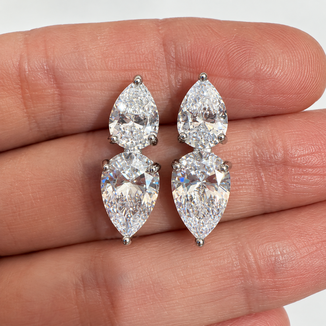 Endless Mirage Double Pear Statement Stud Earrings | Silver