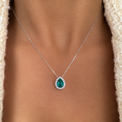 Pear Cut Sparkles Halo Pendant Necklace | Emerald | Sterling Silver
