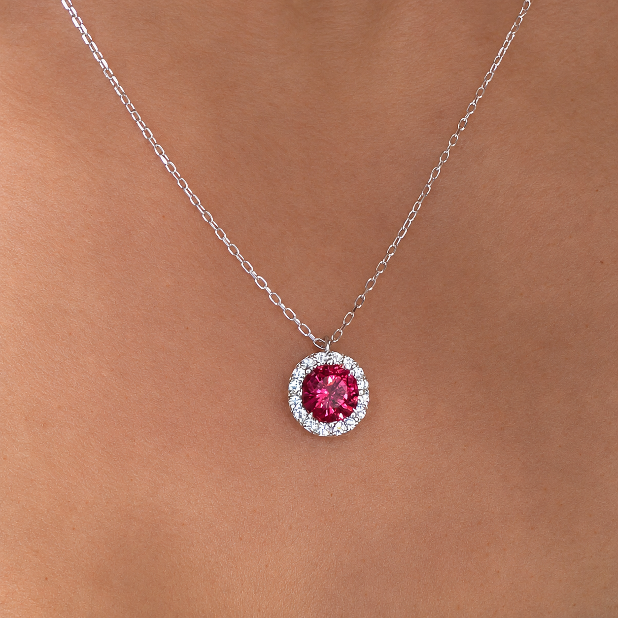 Ruby Round Sparkles Halo Pendant Necklace | Sterling Silver