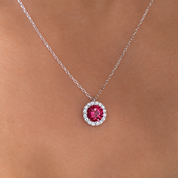 Ruby Round Sparkles Halo Pendant Necklace | Sterling Silver
