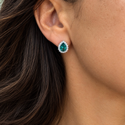Pear Cut Sparkles Halo Stud Earrings | Emerald | Sterling Silver