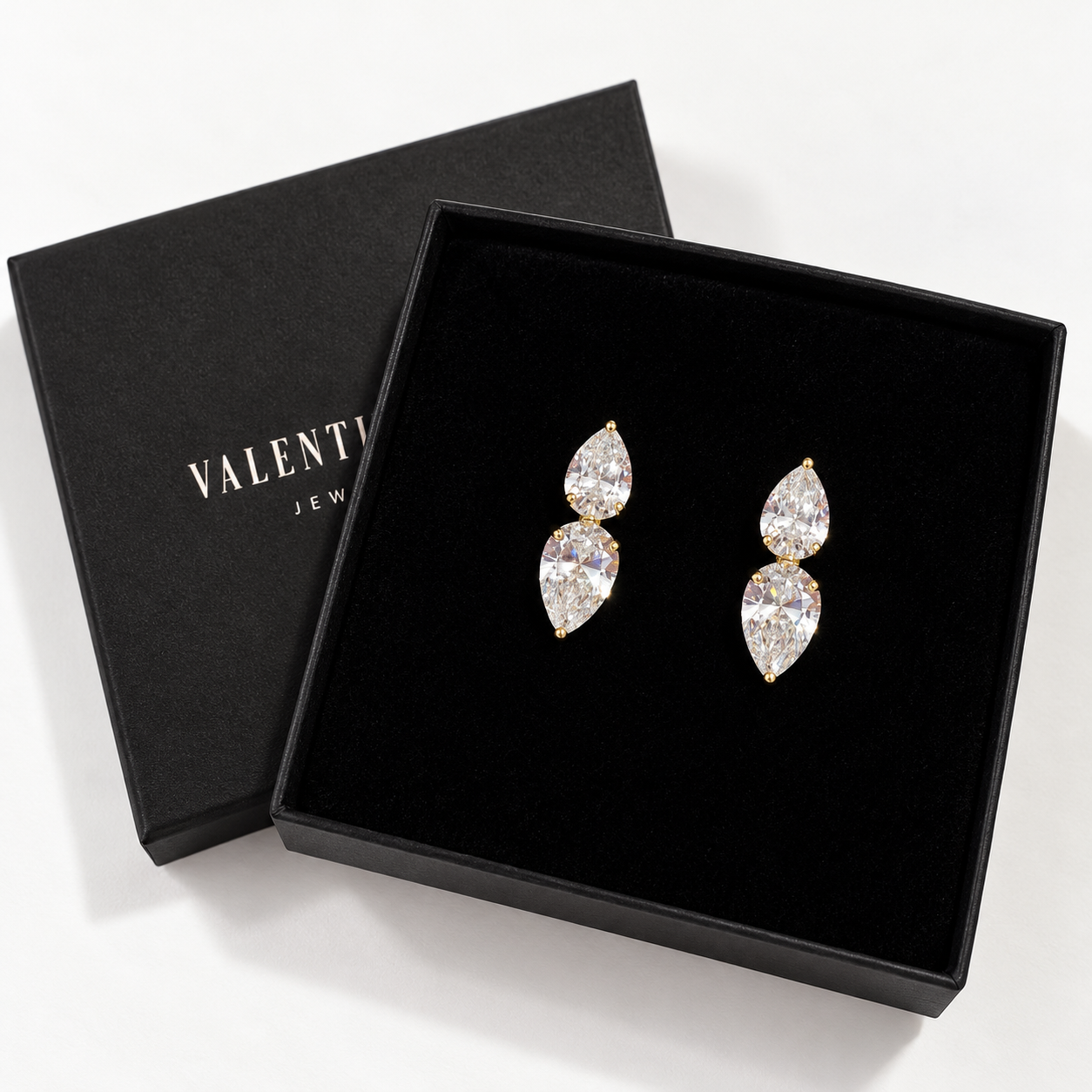 Gold double pear-cut statement stud earrings with sparkling clear cubic zirconia – Valentina-Rose
