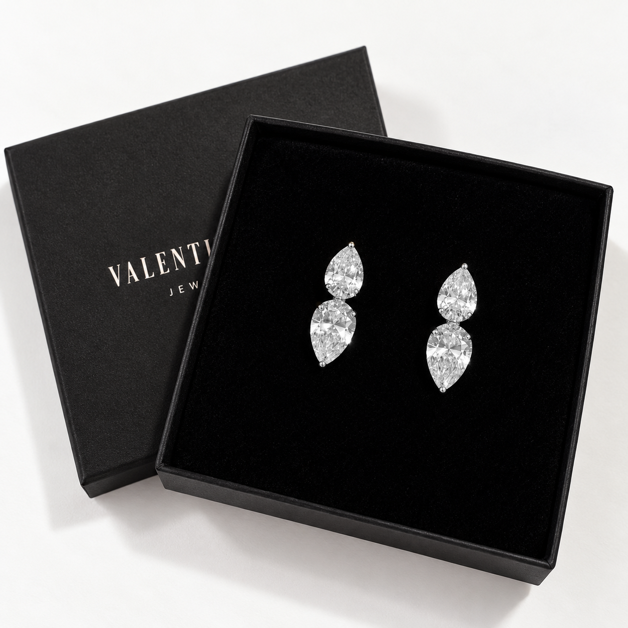 Silver double pear-cut statement stud earrings with sparkling clear cubic zirconia – Valentina-Rose