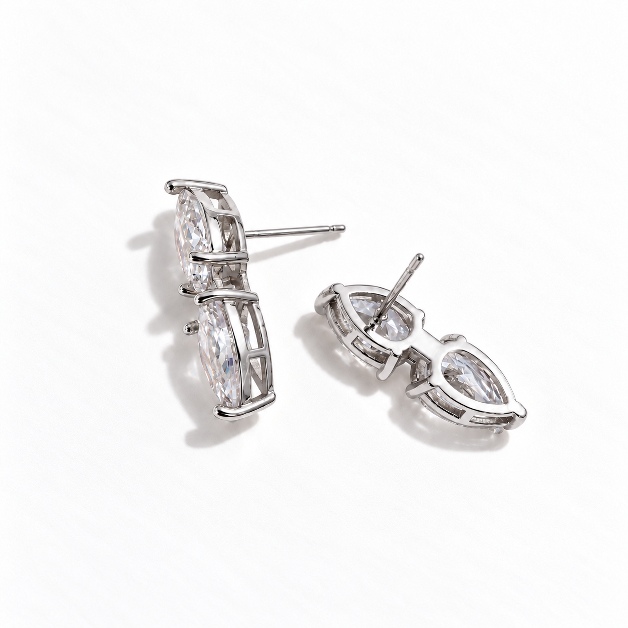 Silver double pear-cut statement stud earrings with sparkling clear cubic zirconia – Valentina-Rose