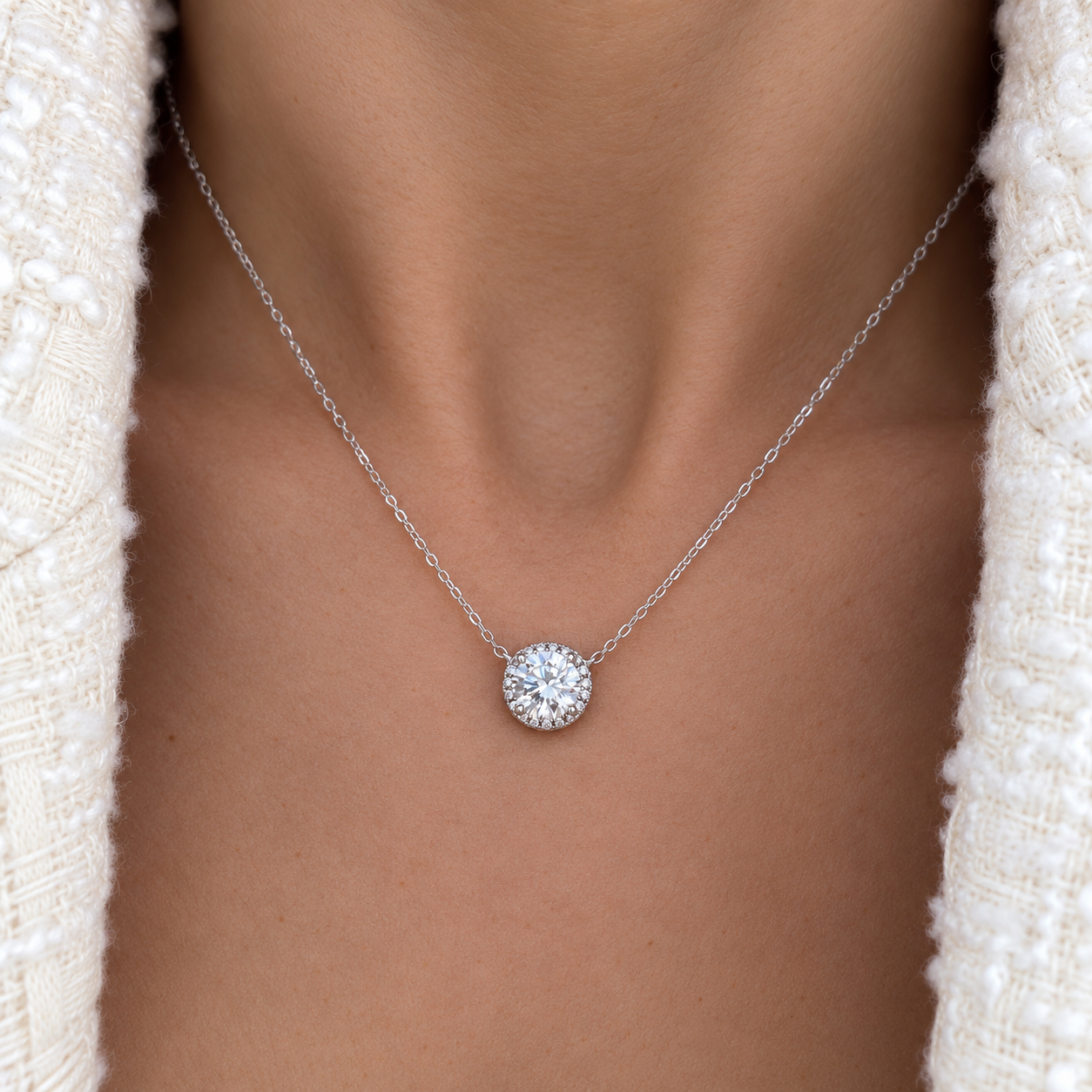 Solitaire Supreme Sparkle Halo Pendant Necklace | Silver