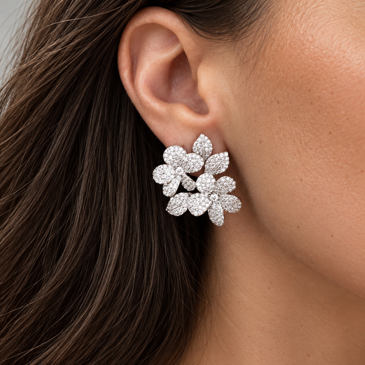 Model wearing Florentina Pavé Flower Earrings in Silver | Valentina-Rose Jewellery