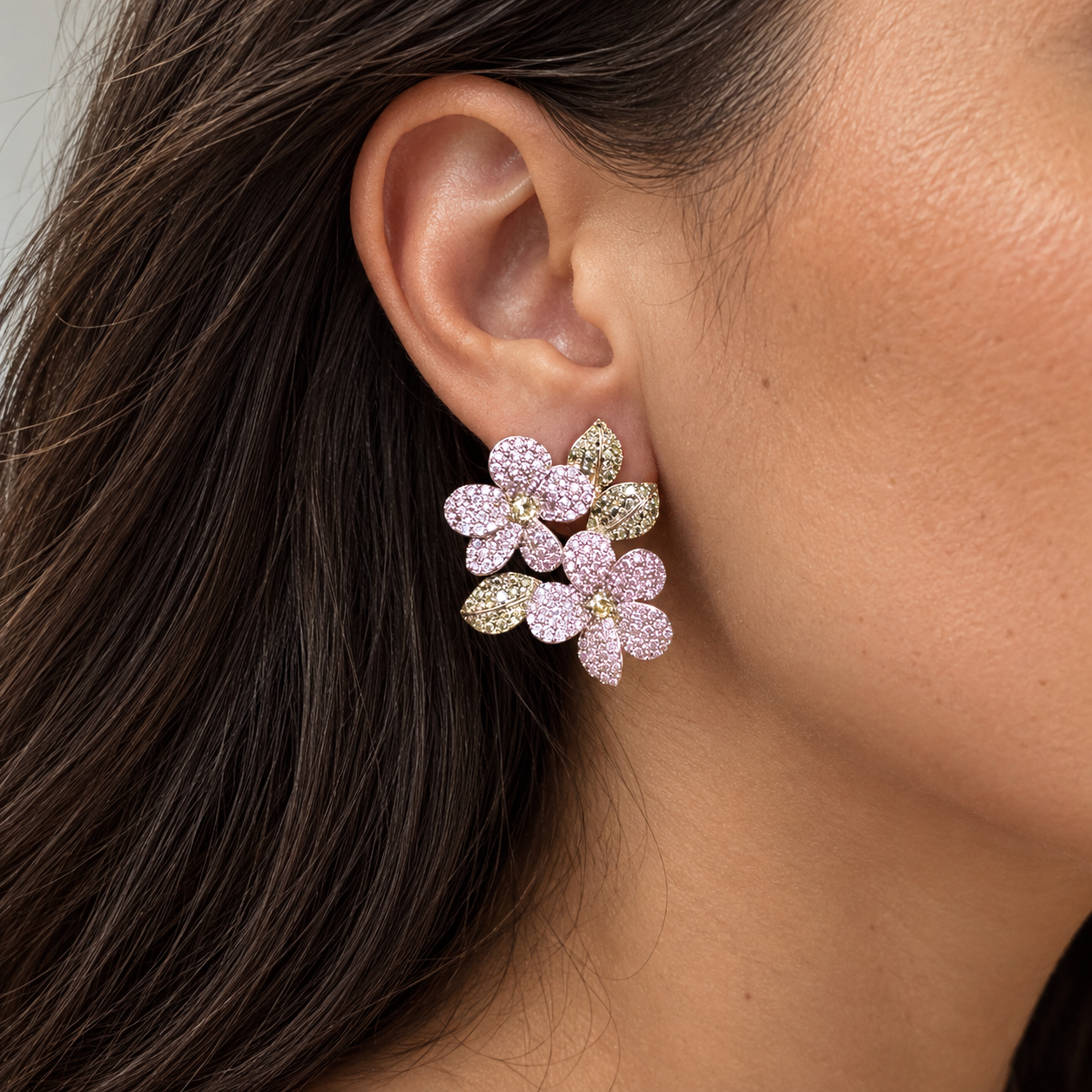 Model wearing Florentina Pavé Flower Earrings in Blush Pink and Gold | Valentina-Rose Jewellery